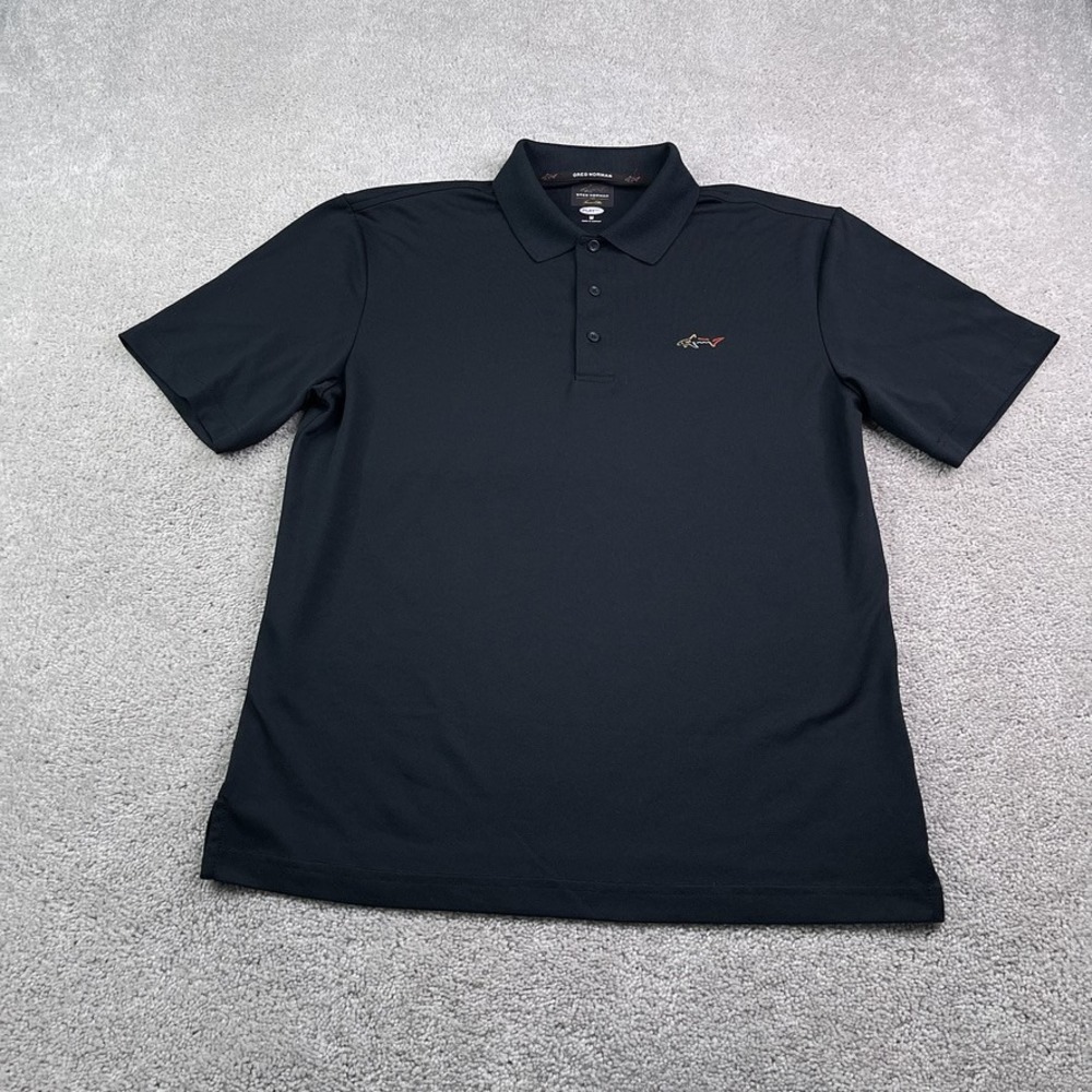 Greg Norman‎ Polo Shirt Mens Medium Black Performance Golf Shark Logo Tasso Elba